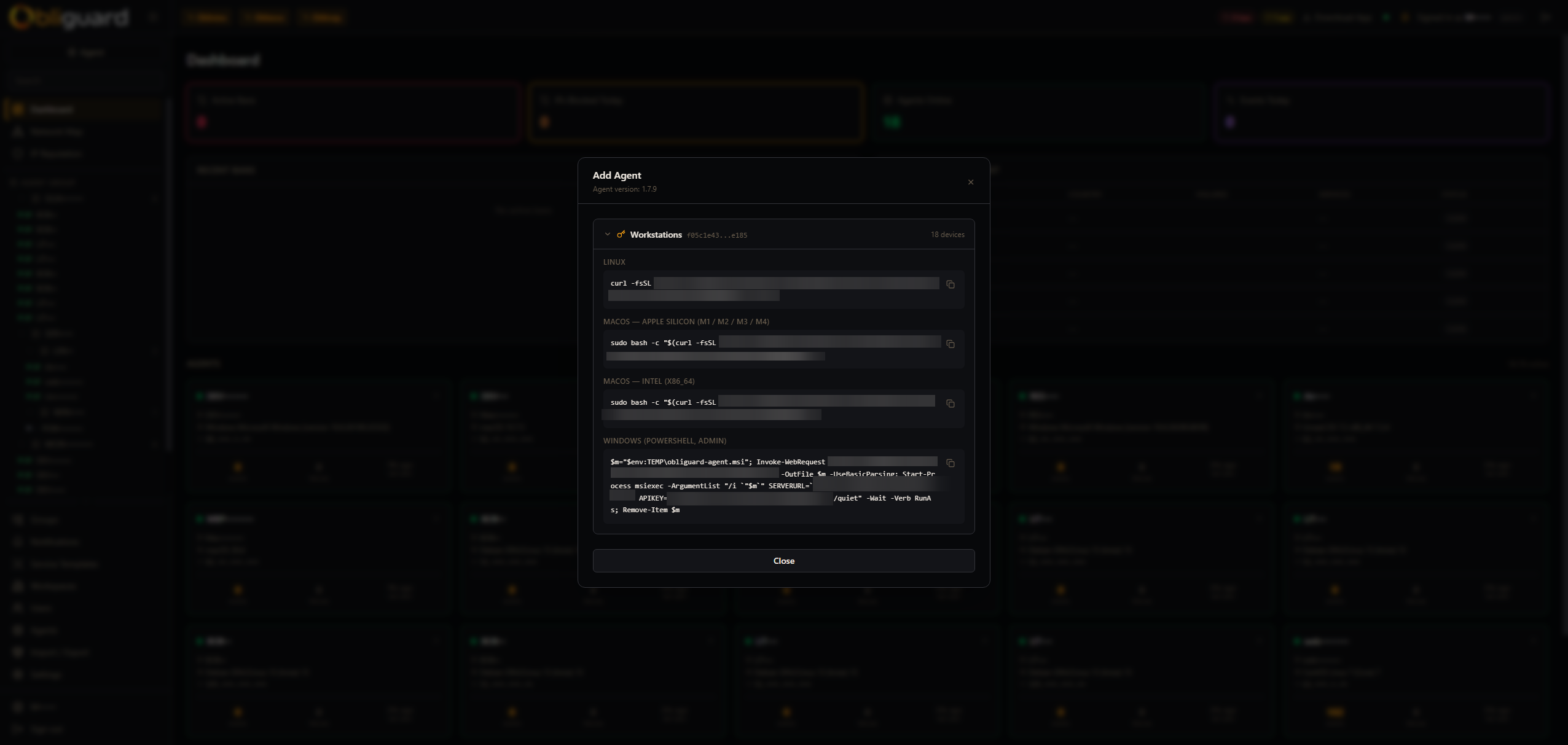Add agent modal with installation command