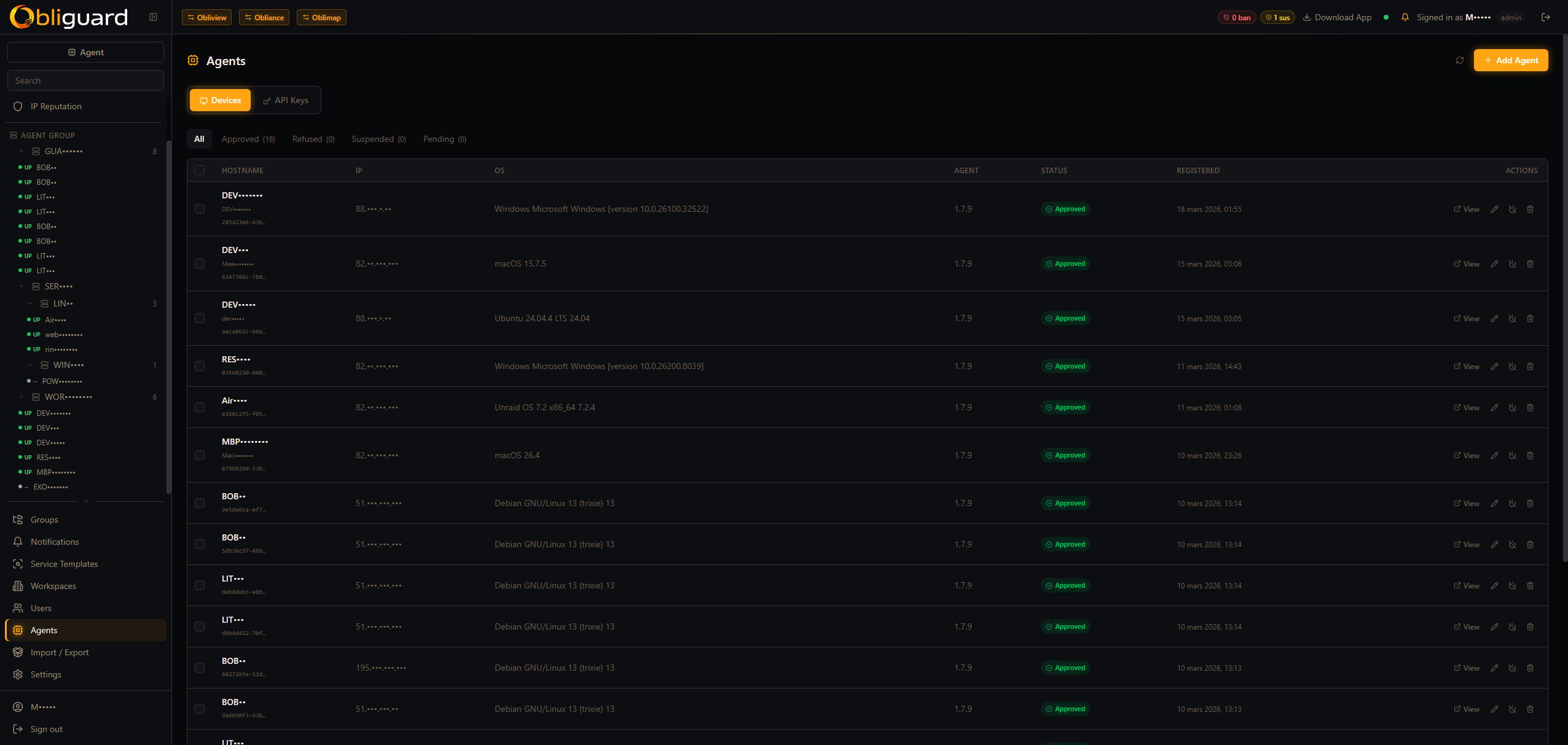 Obliguard agents — OS, version, IP, status