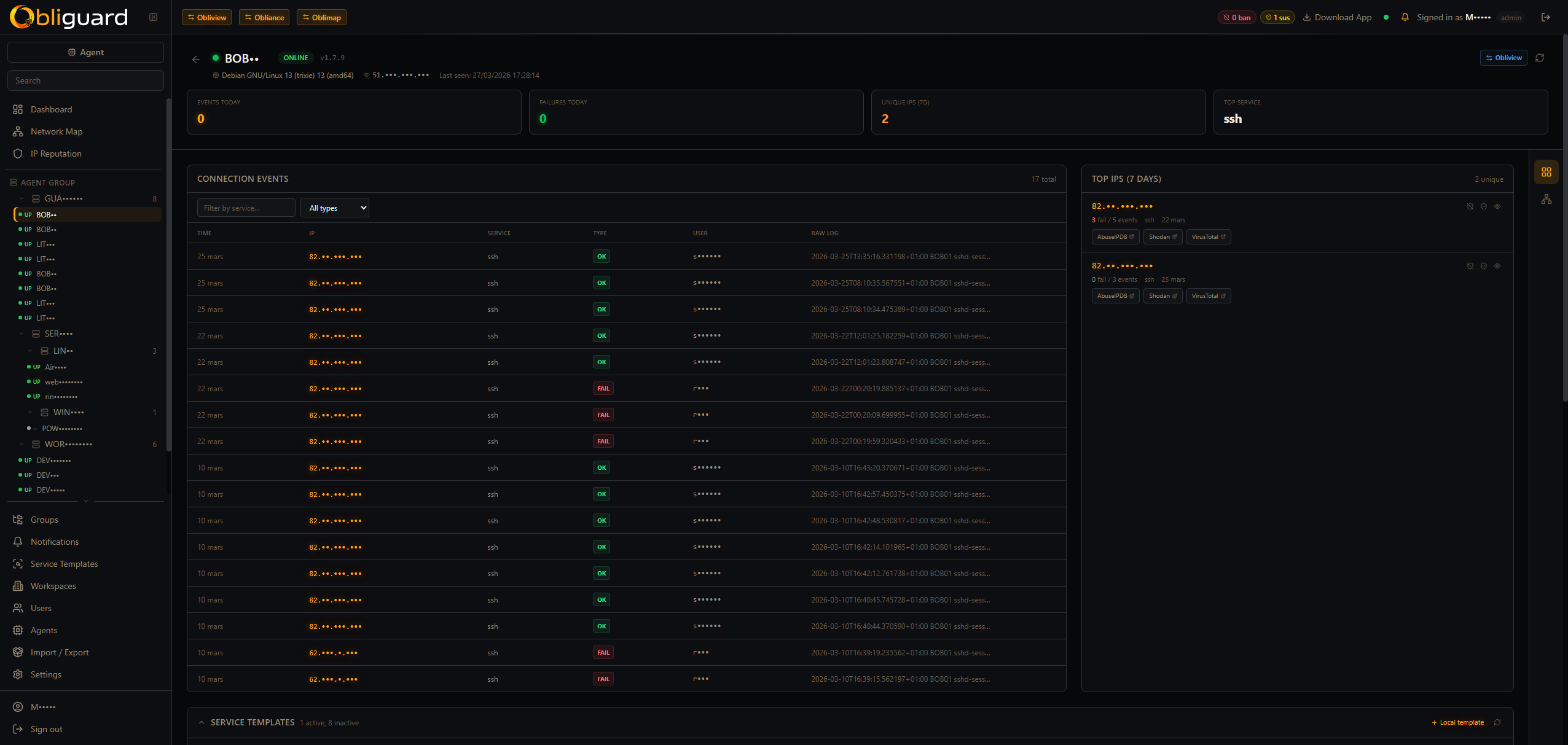IP detail — connection log, ban history, SSH/RDP attempts