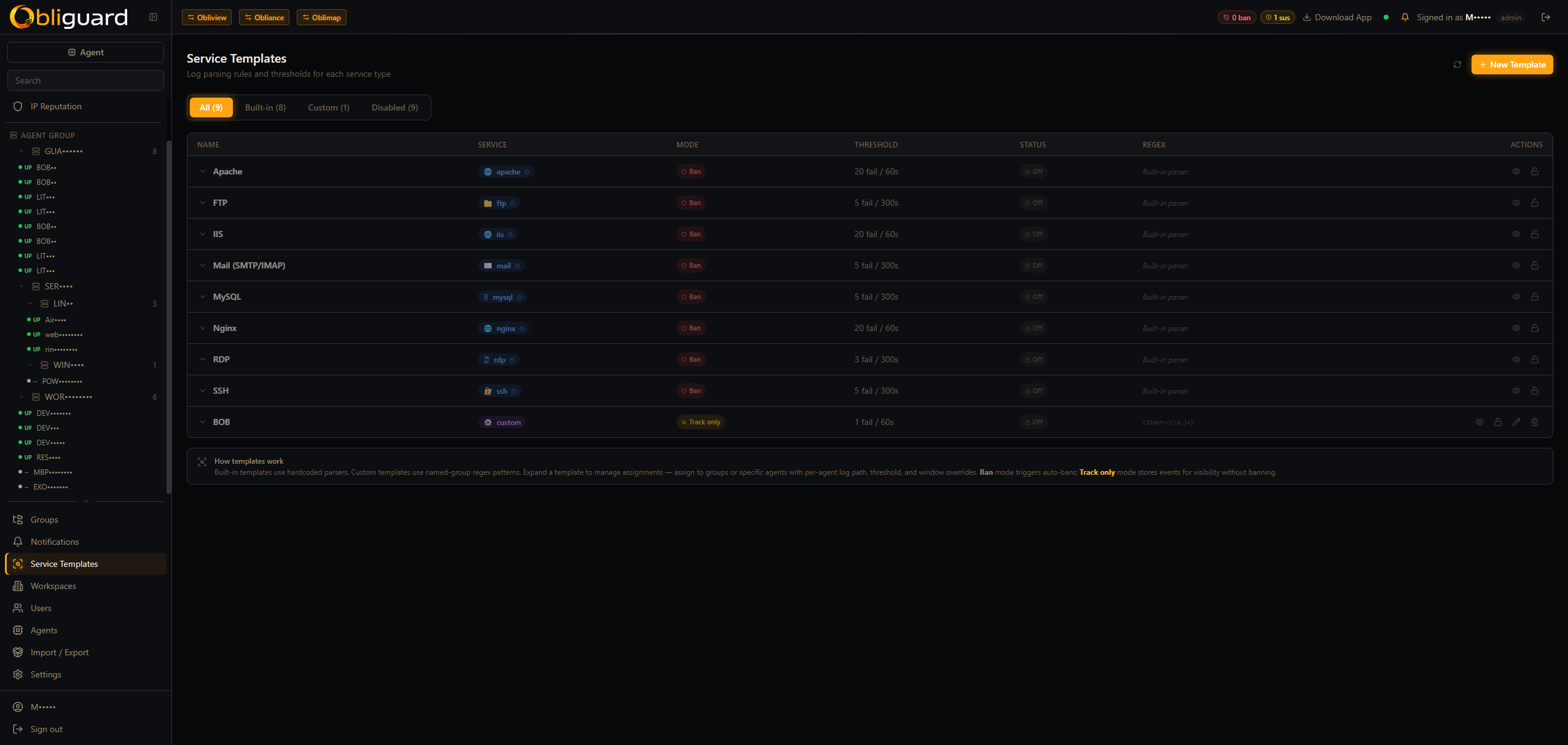 Obliguard service templates — parsers with thresholds